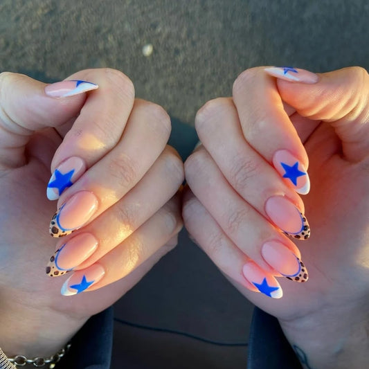 Handmade Blue Press on Nails Almond French Tips Fake Nails with Star Design Gel Glue on Nails for Women Girls Acrylic False Stick on Nail Manicure Decorations for Wedding 10Pcs (MT-113, S)