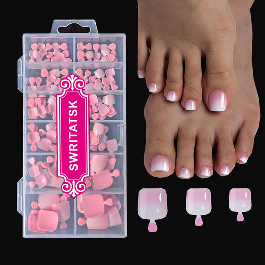 SWRITATSK Press On Toe Nails,French Press On Toenails For Women,Square Toe Nail Press Ons Toe Nails,120Pcs Toe Nail Tips,12 Sizes Ombre Pink Wearable Full Cover Fake Toenails, Mother's Day for Girl