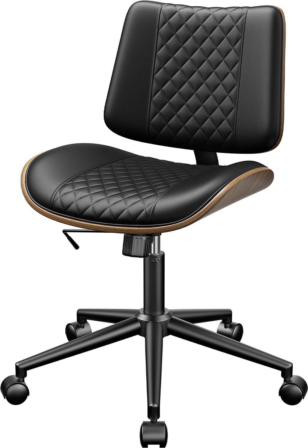 YaFiti Armless Office Chair, Mid Century Modern Desk Chair with Walnut Wood Back & SGS Level 3 Gas Lift, Swivel PU Leather Computer Chair for Small Space, Home Office, Bedroom, 300lbs Cap, Black