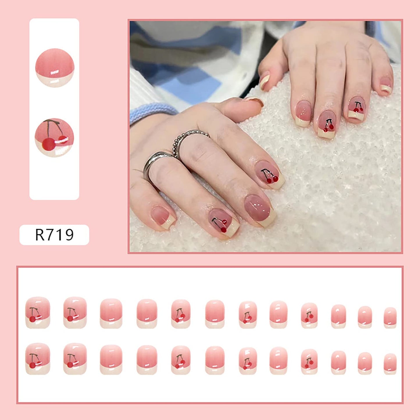 Press on Nails French Tips Short Square Full Cover Reusable False Nails Kits Glue on Nails with Cherry Designs Artificial Glossy Fingernails Acrylic Fake Nails for Women Stick on Nails Coffin Shape