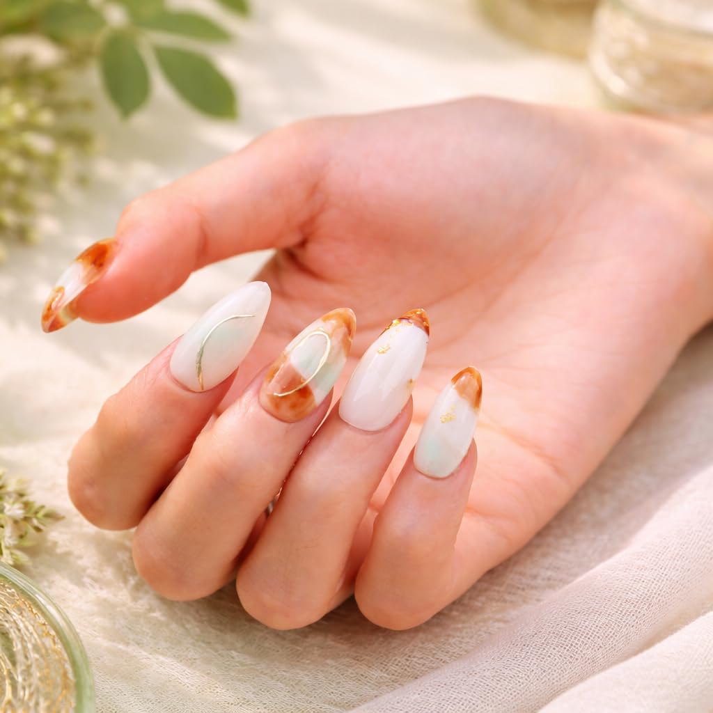 IntoVibes 10 Pieces Handmade Press On Nails Medium Almond, Green And WhiteThickened False Nails With Gold Thread Embellishment, Reusable Fake Nails Almond, Reusable Acrylic Nails (M)