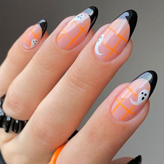 24 Pcs Halloween Press on Nails Almond Medium Fake Nails French Tip Halloween False Nails with Cute Ghost Grid Design Artificial Nails Press ons Full Cover Holiday Stick on Nail for Women Girls