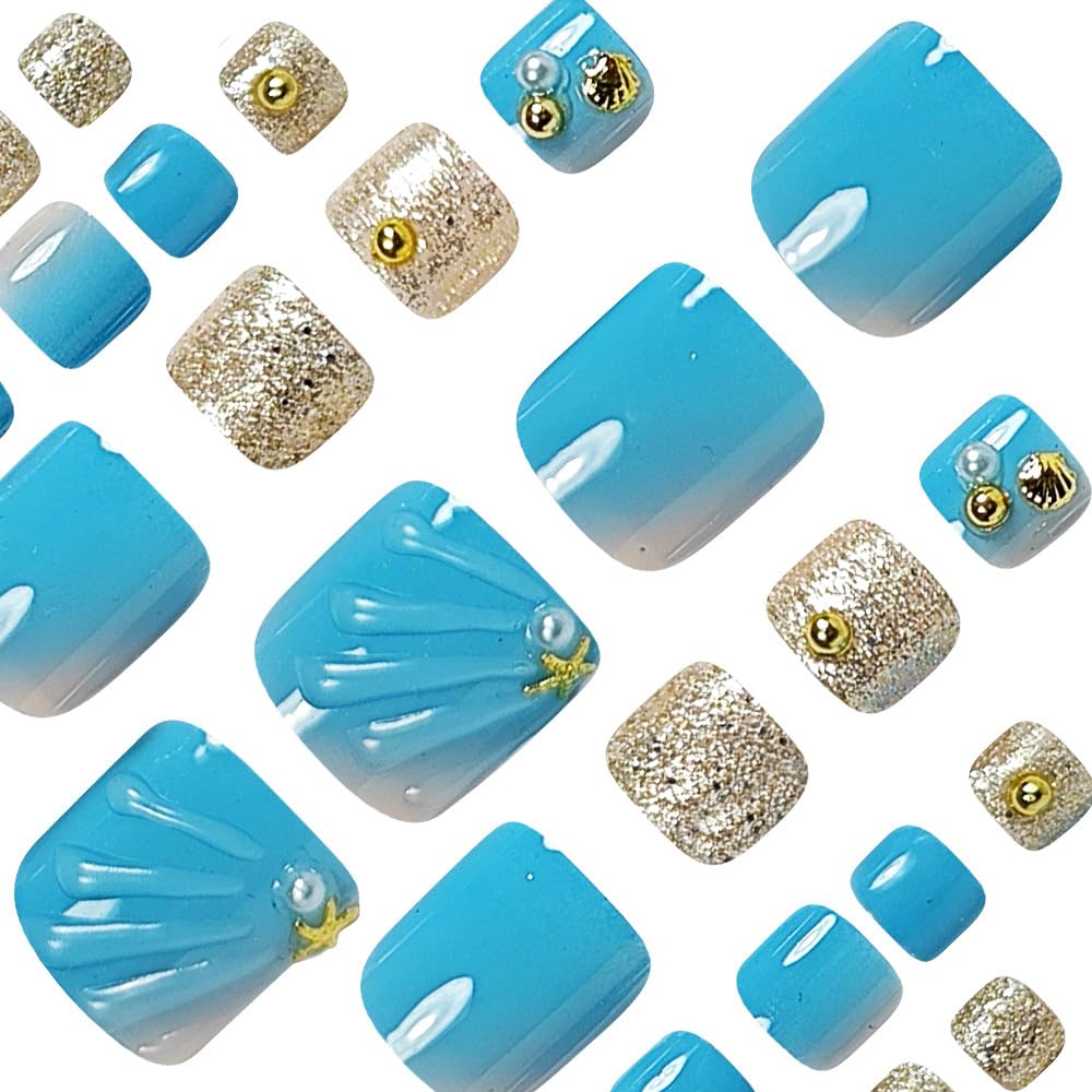 Summer Press on Toenails Beach 3D Waves Fake Toe Nails Cute Ocean Acrylic Toenails with Gold Shell Pearl Designs Glossy Blue Artificial False Toe Nails for Women Girls Manicure Deco 24Pcs