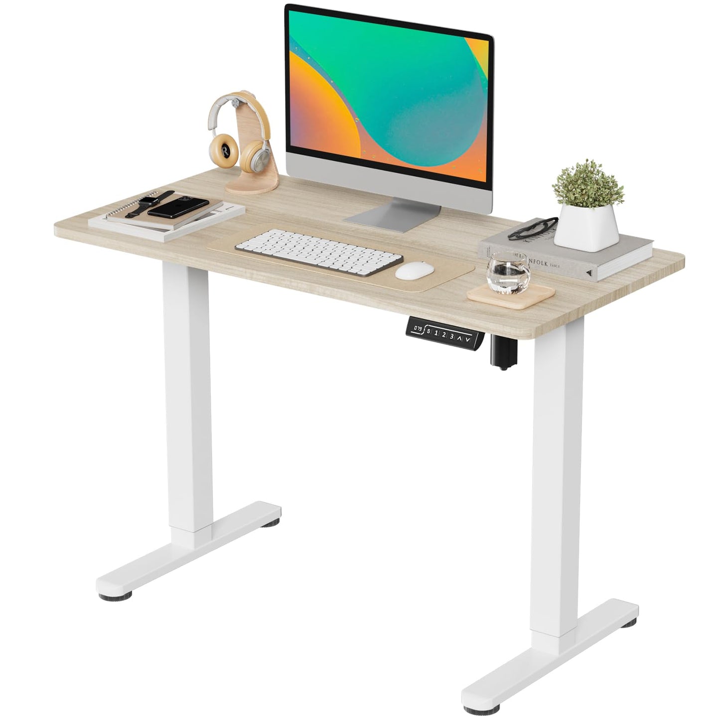 JOY worker Small Electric Standing Desk, 40" x 20" Whole Piece Height Adjustable Table with Memory Controller, Sit to Stand Desk Workstation for Home Office, Light Walnut