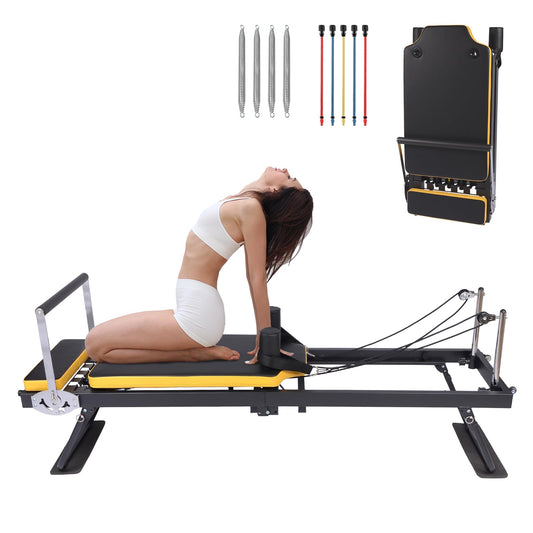 Pro Pilates Reformer,Foldable Pilates Machine for Home Gym Workout,Home Pilates Equipment with Dual Resistance- Springs and Cords,Pilates Machine for Advanced,Beginners(Black & Yellow