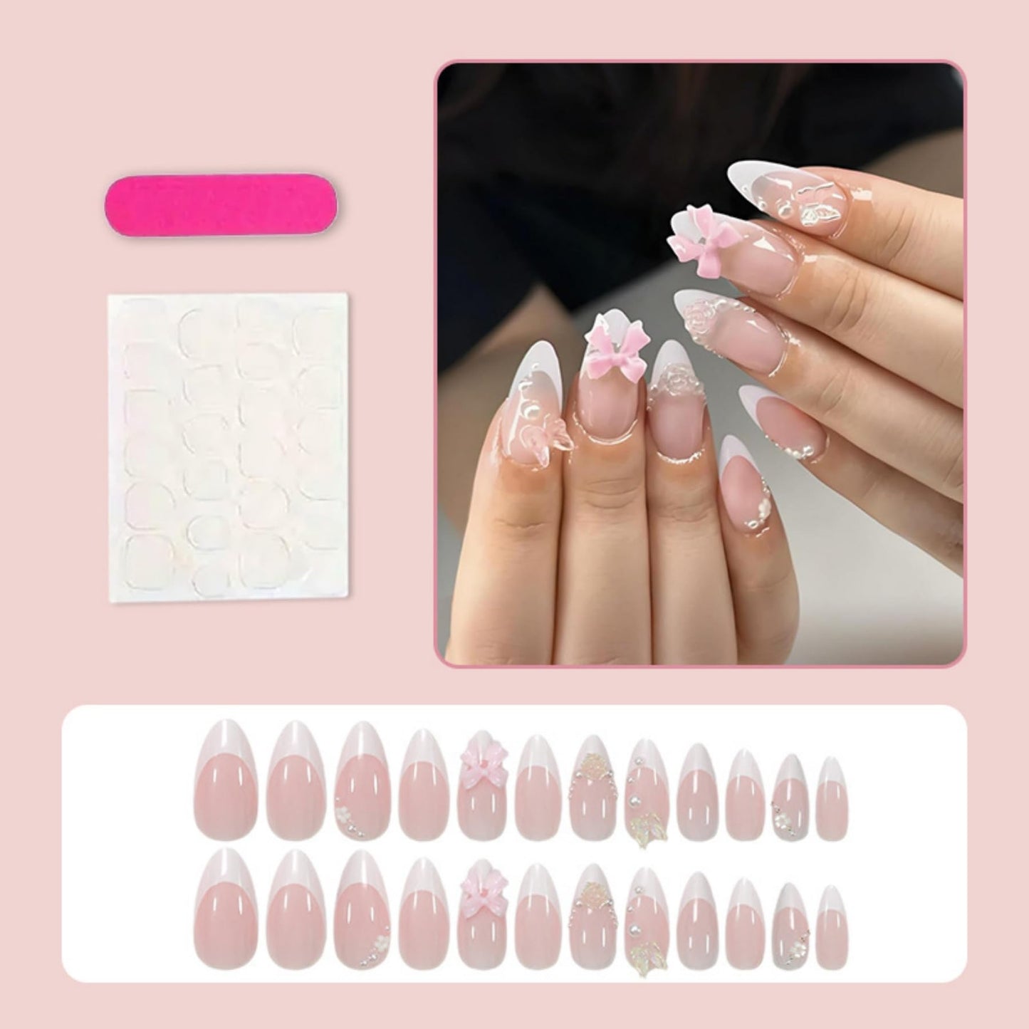 Octoswave Almond Press on Nails Medium Fake Nails White 3D Artificial Nail Butterfly and Bow Charm Stick on Nail for Women 24pcs