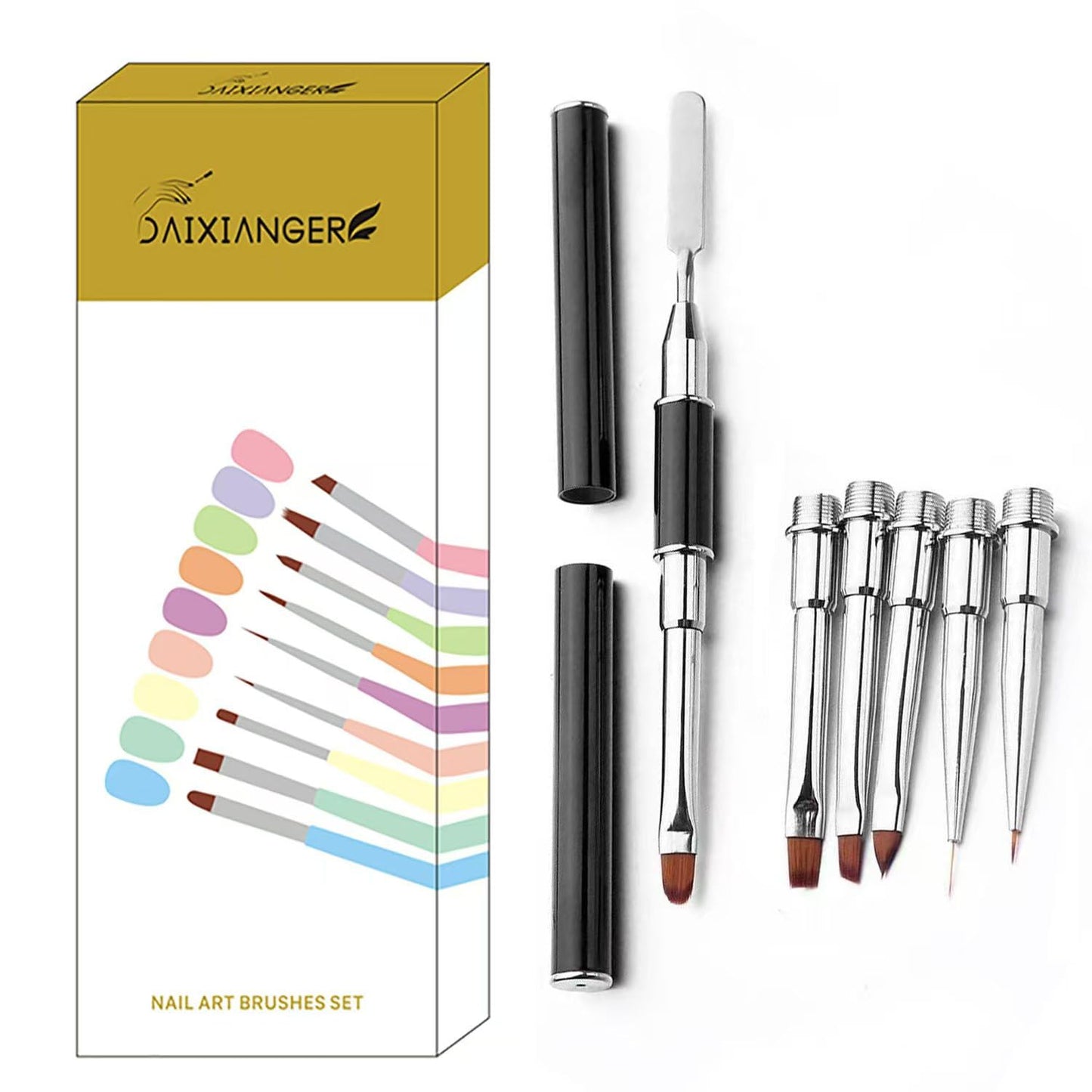 7-in-1 Nail Art Brush Set - Dual-Ended Stainless Steel Nail Tool with Spatula & Replaceable Brush Heads, Professional Acrylic & Gel Nail Brushes for Carving, Liner, Detail & Salon Manicure