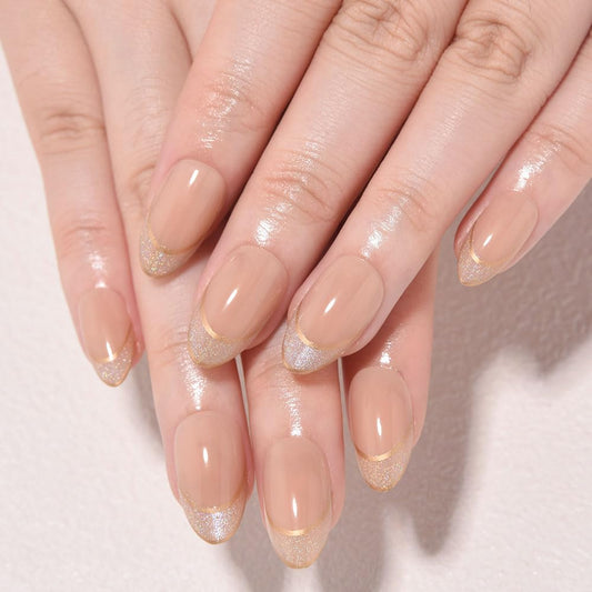 evpct French Tip Press On Nails Short Almond, Nude + Gold Line & Glitter Tips, Short Almond Fake False Press on Nails, Soft Gel Stick on nail Press ons with Nail Kit, Reusable Salon Quality