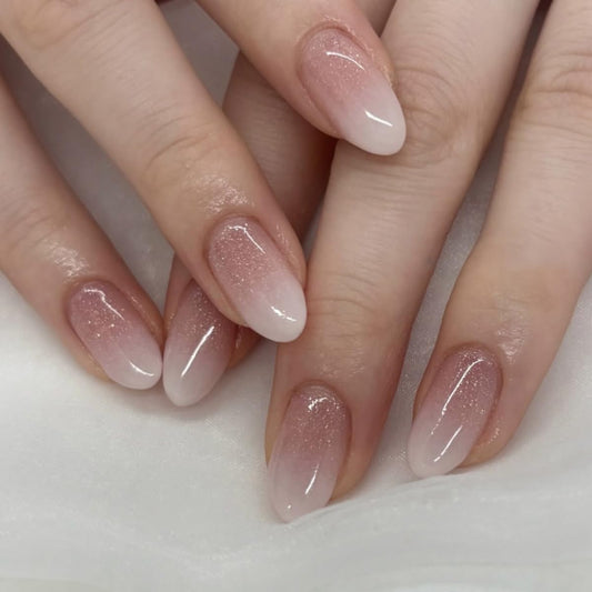 French Ombre Press on Nails Short Oval Fake Nails Neutral Nails Press ons with Design Reusable Artificial Nail Full Cover Stick on Nails for Women Manicure 24Pcs
