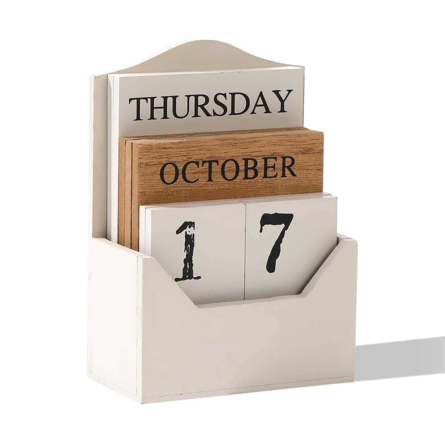 Perpetual Calendar Wooden Blocks Calendar for Home Office Desk Date Week Month Accessories (Vintage White Calendar)