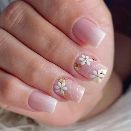 Square Press On Nails Short Fake Nails Flower Glitter With Gradient Design Pink False Nails Glossy Full Cover Artificial Reusable Stick On Nail Cute Acrylic Glue On Nail For Women Manicure Art 24pcs