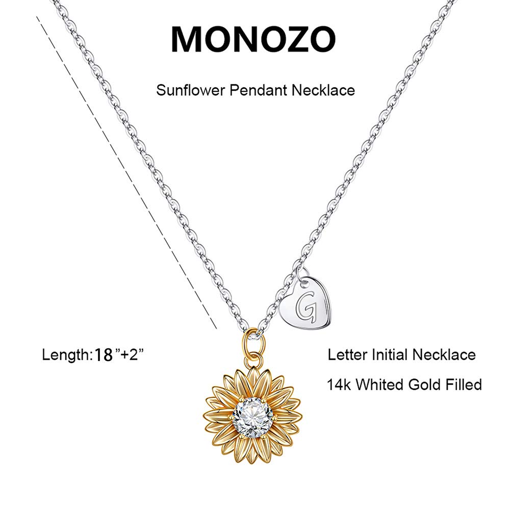 MONOZO Initial Sunflower Necklace for Women Girls, Sunflower Necklace Pendant CZ Heart Letter Initial Necklace You Are My Sunshine Gifts Necklaces for Girls G