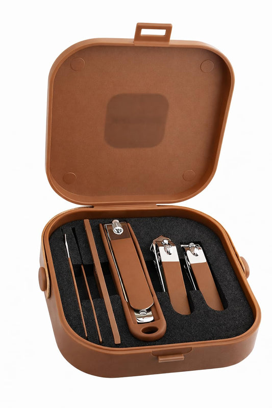 6 in 1 Stainless Steel Pedicure & Manicure Grooming Kit with Travel Case, Mini Nail Clipper Set for Fingernails & Toenails, Ultra Sharp Sturdy Cutters for Home & Travel (Brown)