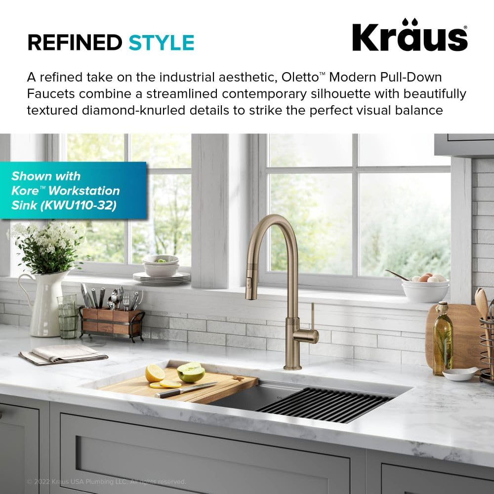 KRAUS Oletto Modern Industrial Pull-Down Single Handle Kitchen Faucet in Brushed Gold, KPF-2654BG