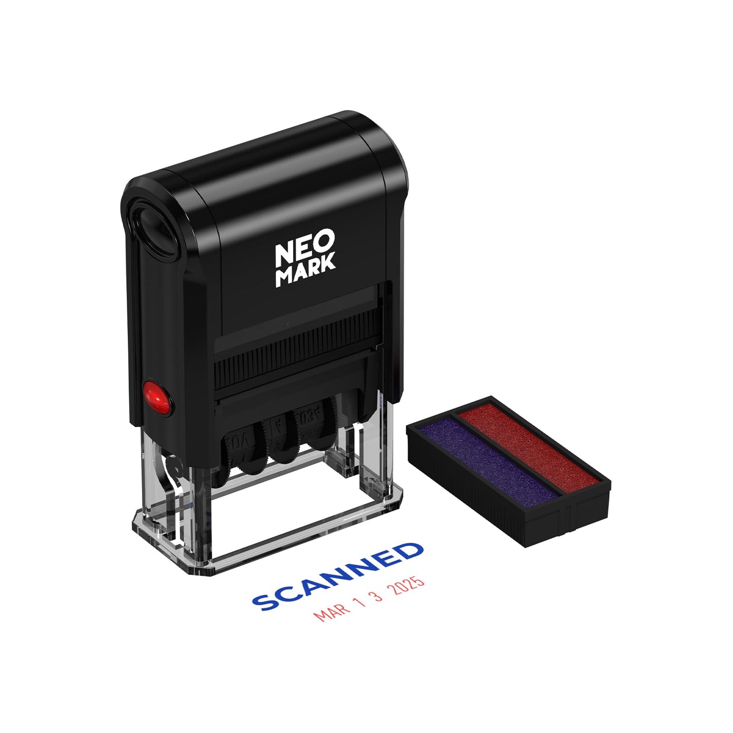 NEO MARK Self-Inking Date Office Stamp with Scanned Blue Ink & Date Red Ink, 12-Year Adjustable Rubber Dater, Ideal for Documents, Business & Accounting - with an Extra Refill Ink Pad