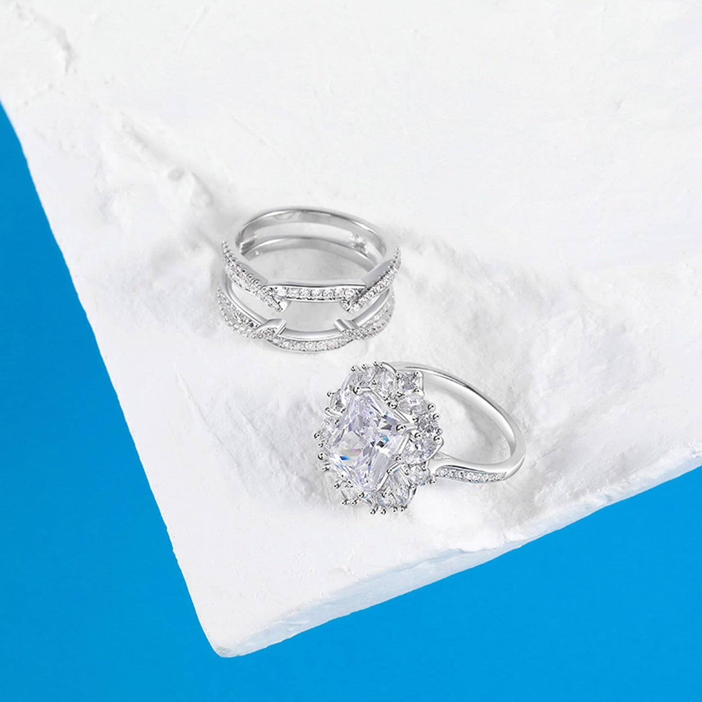 Jeulia 2 PC Interchangeable Engagement Ring Set for Women; 5.2CT Sterling Silver Twisted Radiant Cut Diamond Wedding Bridal Ring Set Inset Gorgeous Anniversary Promise Band with Jewelry Gift Box (White Diamond, 5)