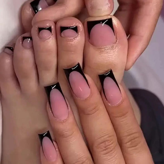CTTHNBD Medium Press on Nails & Square Press on Toenails Set, Black French Tip Fake Nails Kit - for Women Manicure 48 Pcs
