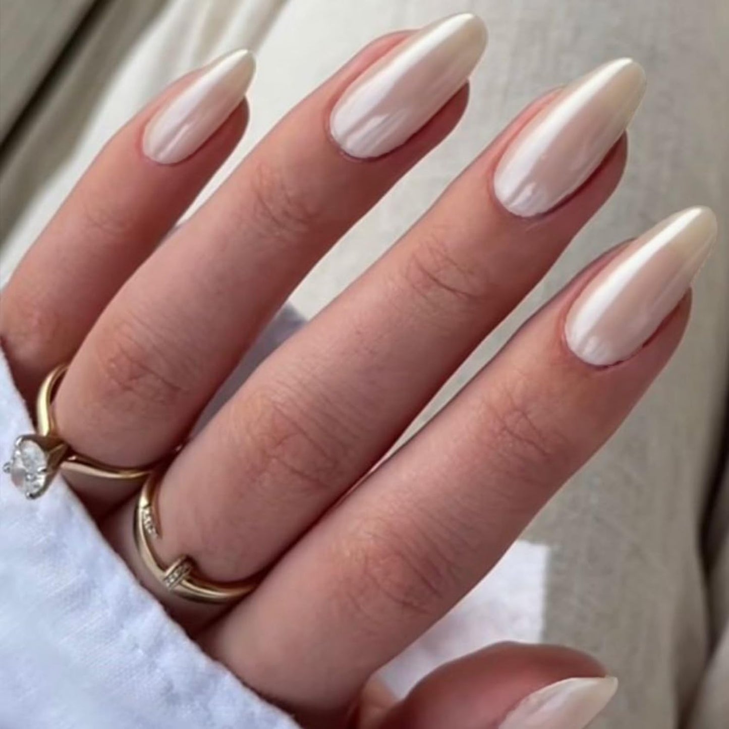 GLAMERMAID Chrome Press On Nails Medium Almond- White Handmade Metal Gel Fake Nails Stiletto, Glitter Glazed Donut False Nail Oval, Glossy Natural Reusable Acrylic Stick Glue on Nails Kit for Women