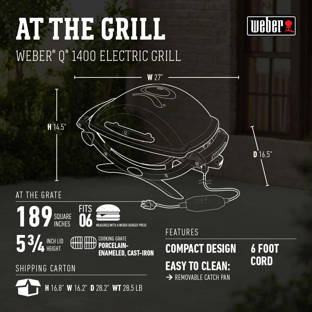 Weber Q1400 Electric Grill, Gray – Portable 1560‑Watt Outdoor Electric BBQ with Porcelain‑Enameled Cast‑Iron Grates – Compact Balcony & Patio Grill with Infinite Control Settings