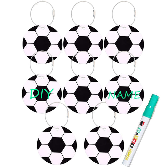 8PCS Soccer Luggage Tags for Suitcases with Green Marker, 2.75in Keychain Bag Tag PVC Name ID with Metal Ring for Men Women Travel Backpack, Schoolbag, Car Key(Soccer)
