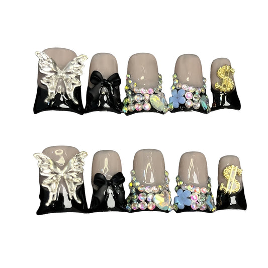 10pcs Handmade Press on Nails for Women - Medium Duck Curve 3D Thick Acrylic Fake Nails Reusable,Designer Floral Butterfly Rhinestones Bling Boho Funky Y2k Nail-art Set,M,black