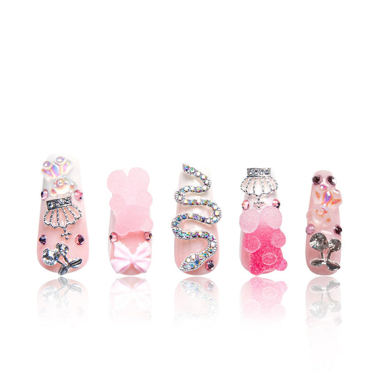 LOVFUL Press on Nails Marshmallo Gummy Bear Square | Handmade with Full Covered Crystals | Reusable Fake Nails | Coffin Classic Regular 1.3 in | H26-M