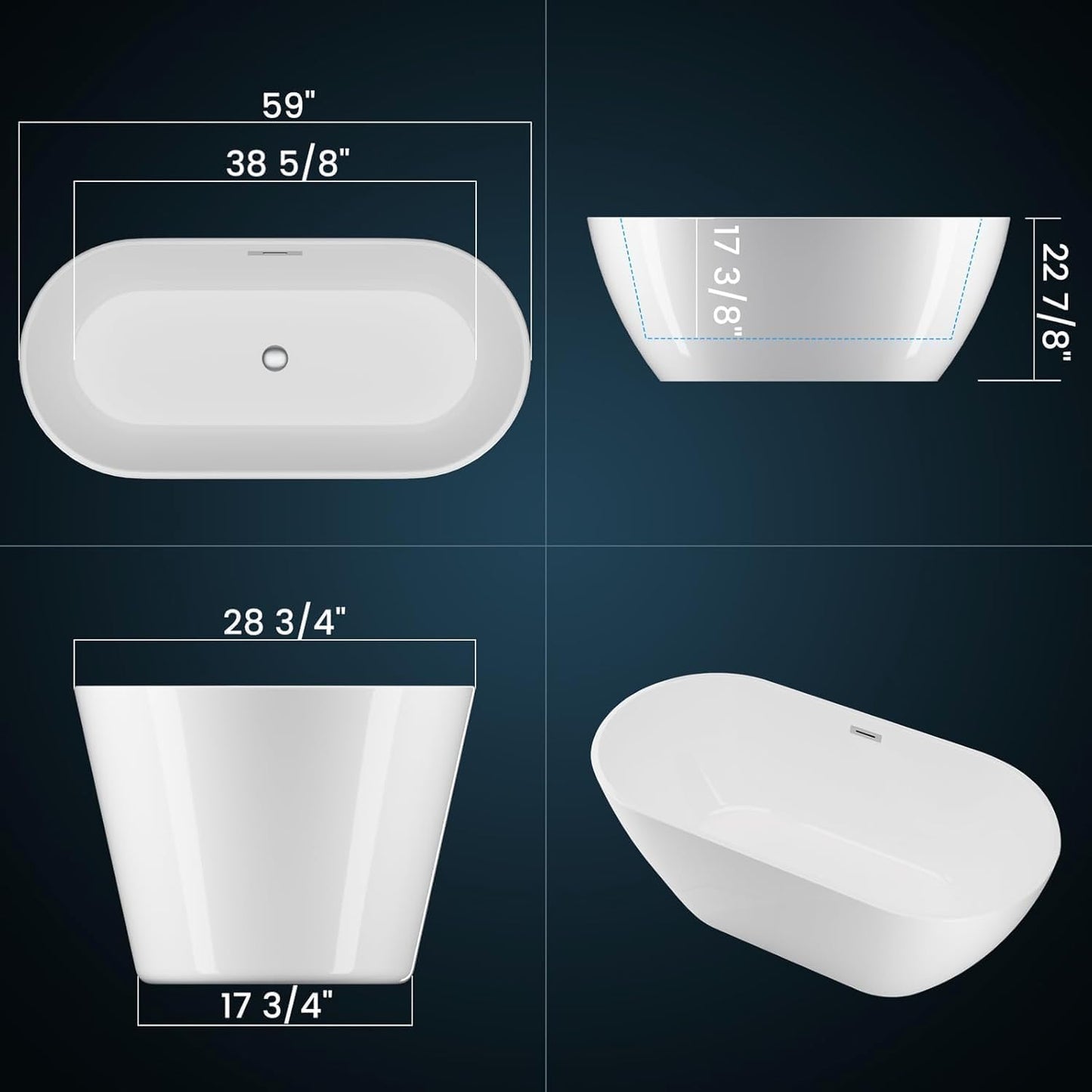 Freestanding Bathtub 59 Inch, Oval Acrylic Stand Alone Tub with Chrome Drain, Modern White Soaking Tub for Bathroom Renovation, Ergonomic Design for Family or Guest Bathroom