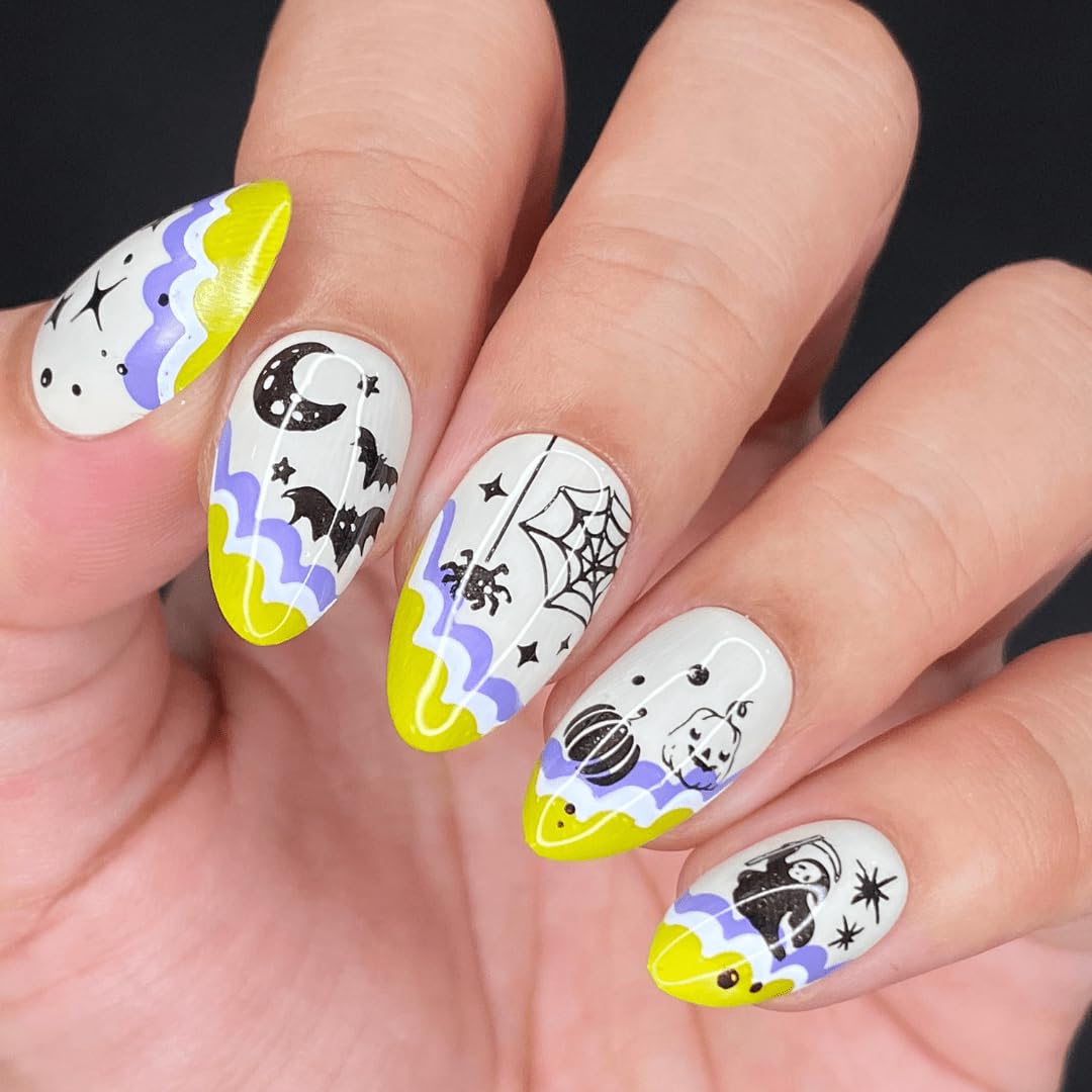 Maniology Boo-gie French Nail Stamping Starter Kit | Halloween French Tip Nail Art with Ghosts, Bats, and Spooky Chic DIY Manicure Designs (Stamping Plate, Polish, Top Coat, Stamper & Scraper Card)