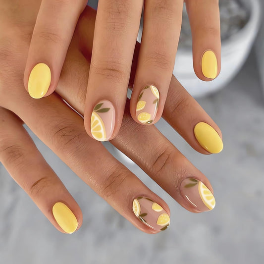 IMSOHOT Yellow Oval Press on Nails Summer Short French Tip Fake Nails Cute Lemon Pattern False Nails with Designs Glossy Full Cover Round Acrylic Nails for Women Girls 24Pcs