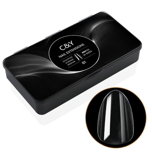Cycullinyt 600pcs Sculpted Medium Almond Soft Gel Nail Tips, Professional False Nail Tips with Box - 14 Sizes Full Cover Clear Acrylic Press On Fake Nails for Extension Manicure Salon DIY at Home