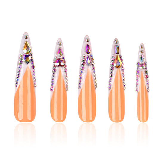 Tmani 10pc/set Extra Long Handmade Press On Nail Hot Girl's Long Ballet Nails Pointed Nail Full of Diamond Glitter Decoration Fake Nails Suitable For Girls Festival Parties and Birthday Gift（007,S)