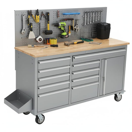 61-Inch Heavy Duty Rolling Tool Chest with 10 Drawers and Solid Rubber Wood Top Mobile Workstation, 1675 LBS Load, Includes Power Strip, Locking System, Drawer Liners for Garage Warehouse Repair Shop