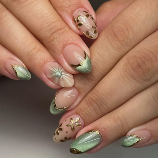 IMSOHOT Press on Nails Short Round Fake Nails Green Cat's Eye False Nails with Golden Flower Designs Glossy Full Cover Acrylic Summer Oval Cute Stick on Nails for Women Girls 24Pcs
