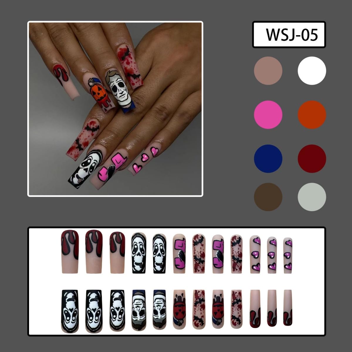 Halloween Press on Nails Long Square Fake Nails Pumpkin Ghost Blood Design Stick on Nails Matte Spooky False Nails Artificial Reusable Acrylic Glue on Nail for Women Nail Art Decoration 24Pcs