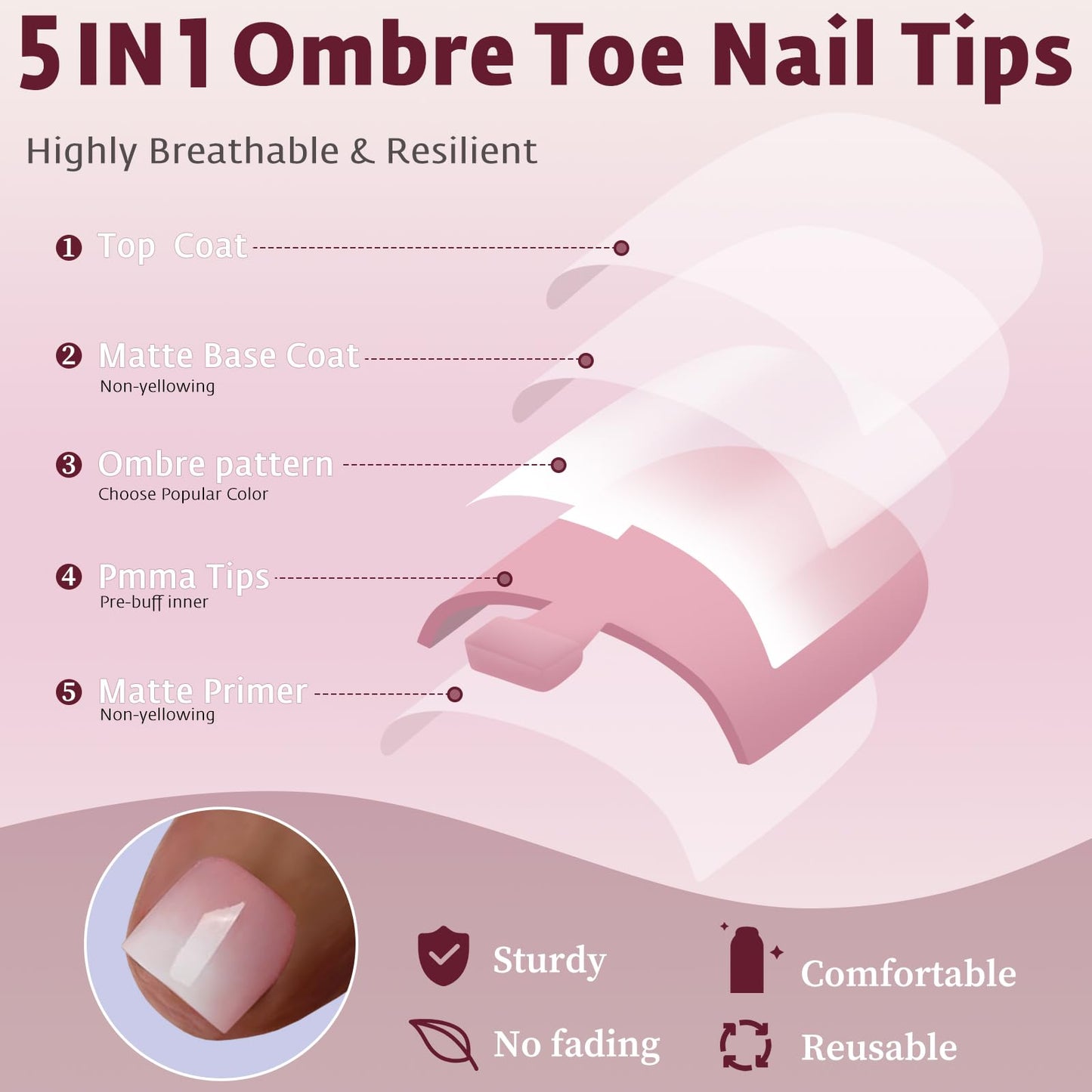 Bellelfin Ombre Press On Toenails For Women with Nail Adhesive Tabs, 150 Pcs Pink Ombre Toe Nail Press Ons, Short Square Toenail Press On, 15 Sizes Full Cover Acrylic Fake Toe Nails
