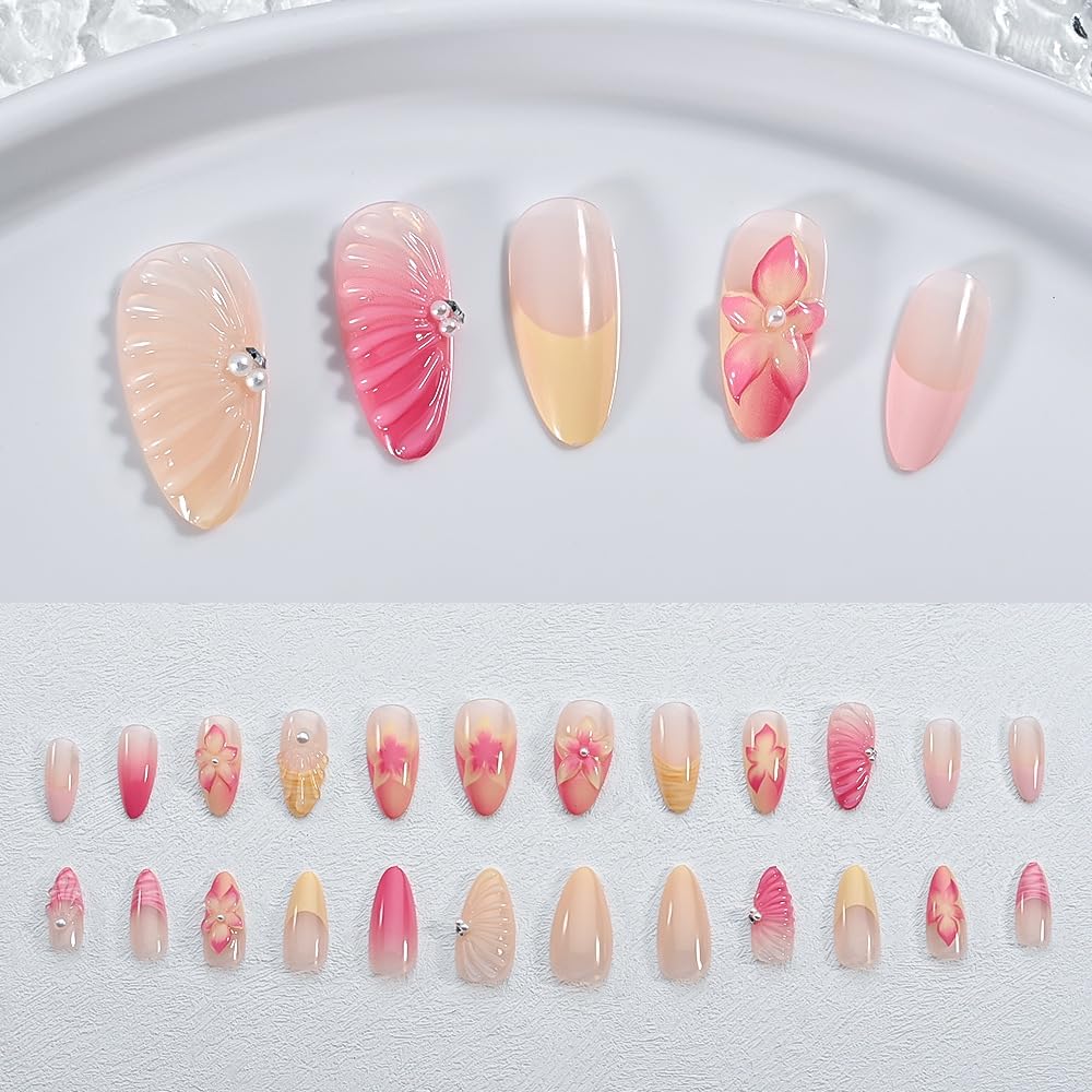 24pcs Pink Press on Nails Medium Almond Fake Nails with 3D Flower Pearl Designs Stick Nails Cute French Gradient Flowers False Nails Spring Summer Beach Floral Acrylic Nails for Women Nail Supplies