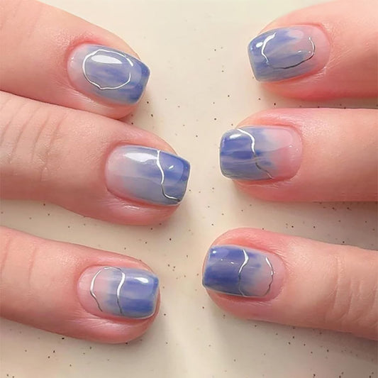 Mivota Short Square Press On Nails blue Nude Gradient False Nails with Silver Streaks Acrylic Press in Nail Gel Stick On Nails Set Glue on Nails for Women & Girls 24Pcs