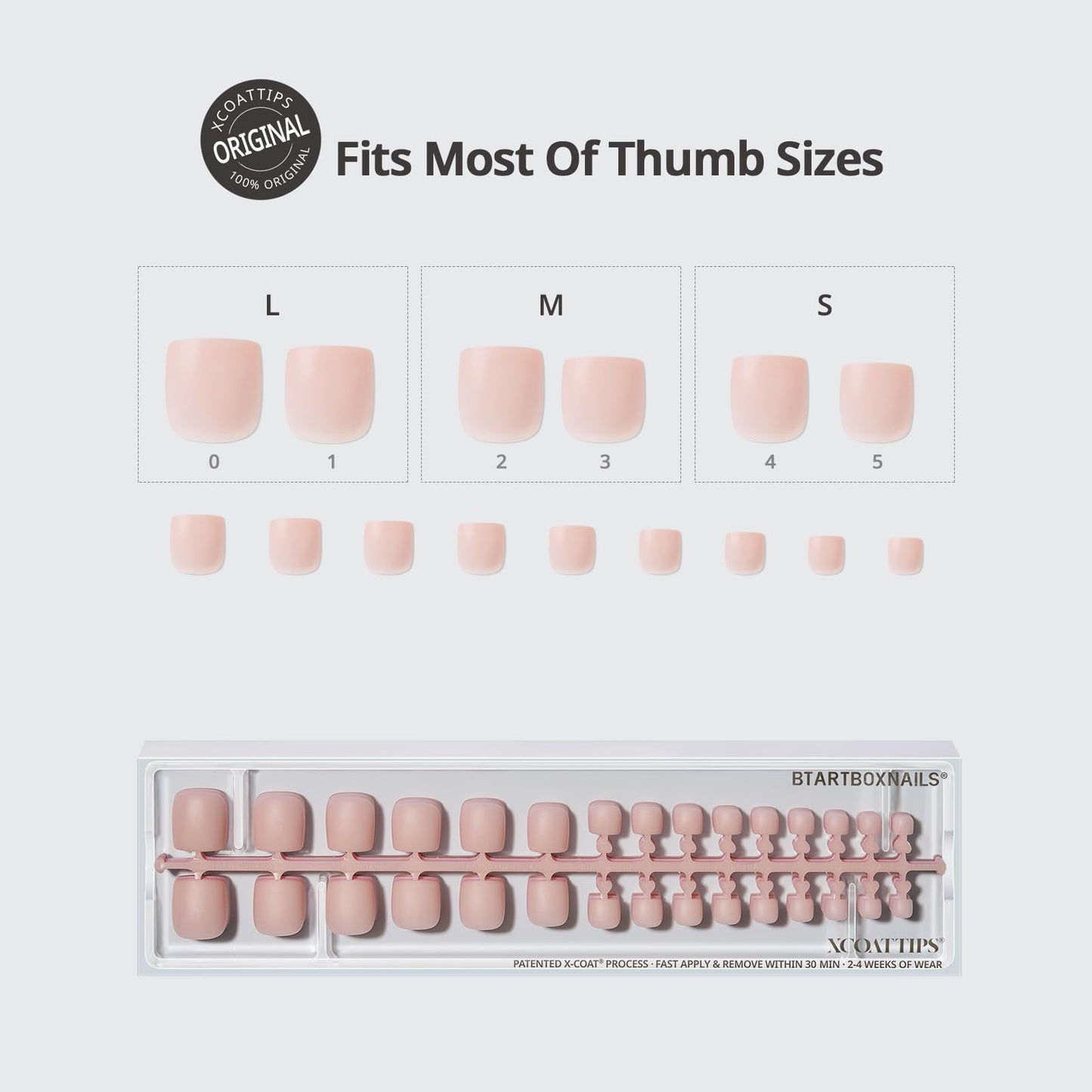 BTArtboxnails XCOATTIPS Bare 5-Shades Nude Press on Toenails - 4-Week Wear Square Toenails, Easy to Apply, Soak Off, Salon Quality Value at Home, 15 Sizes - 150 Fake Nails