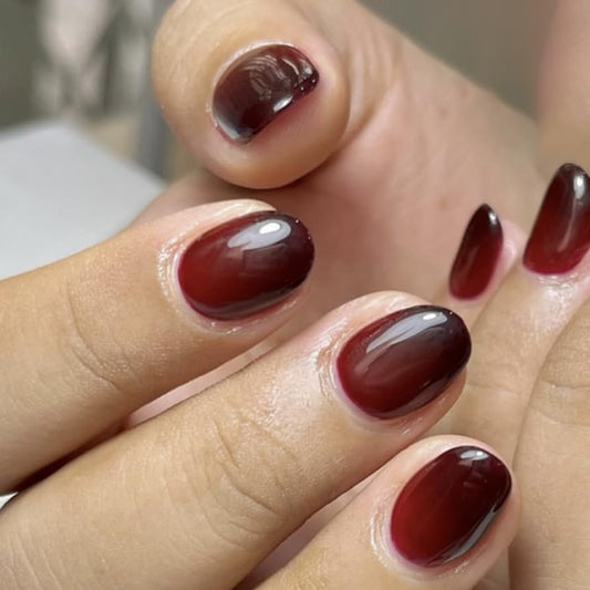 Red Black Ombre Press on Nails Short Oval Fake Nails Gothic False Nails Full Cover Glossy Acrylic Nails for Women 24PCS