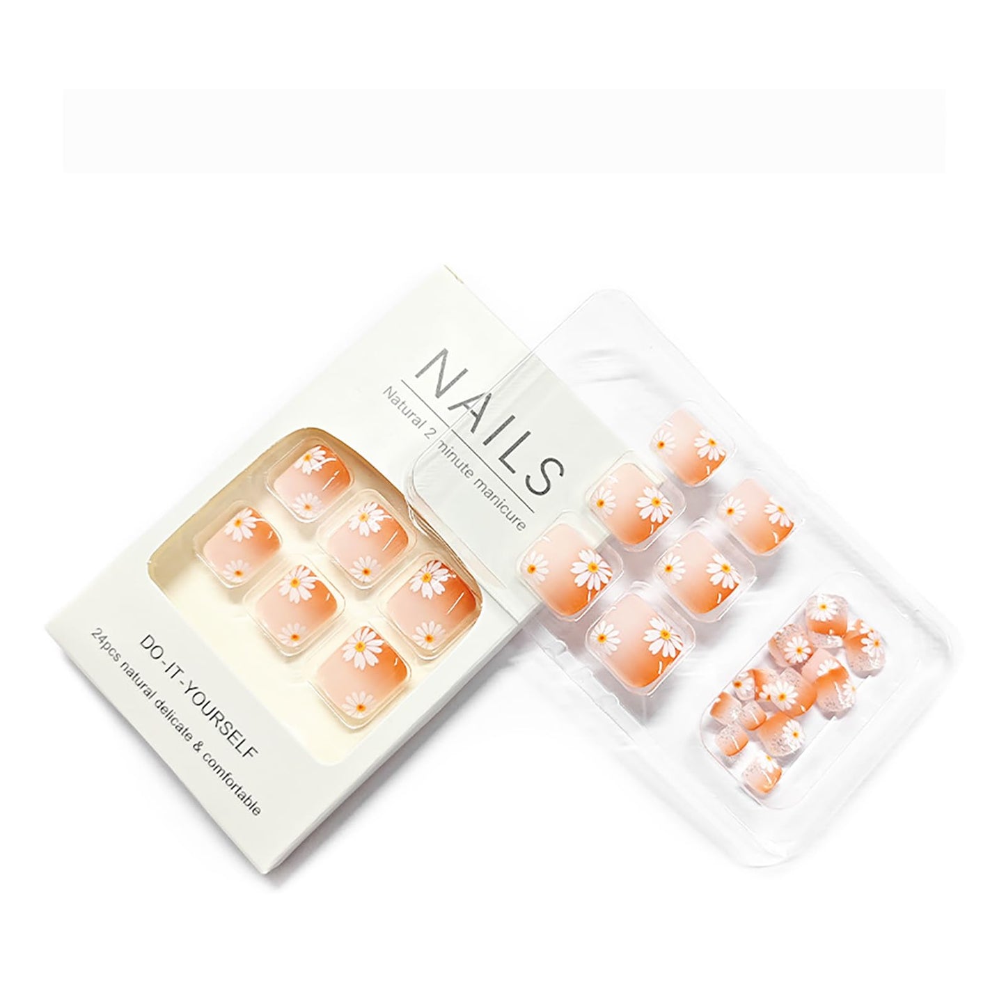 Flower Press on Toenails,Short Square Fake Toenail with Glitter French Designs Orange Brown Gradient Toenails Full Cover Glossy Acrylic Stick on Toes Nails for Women Girls 24Pcs