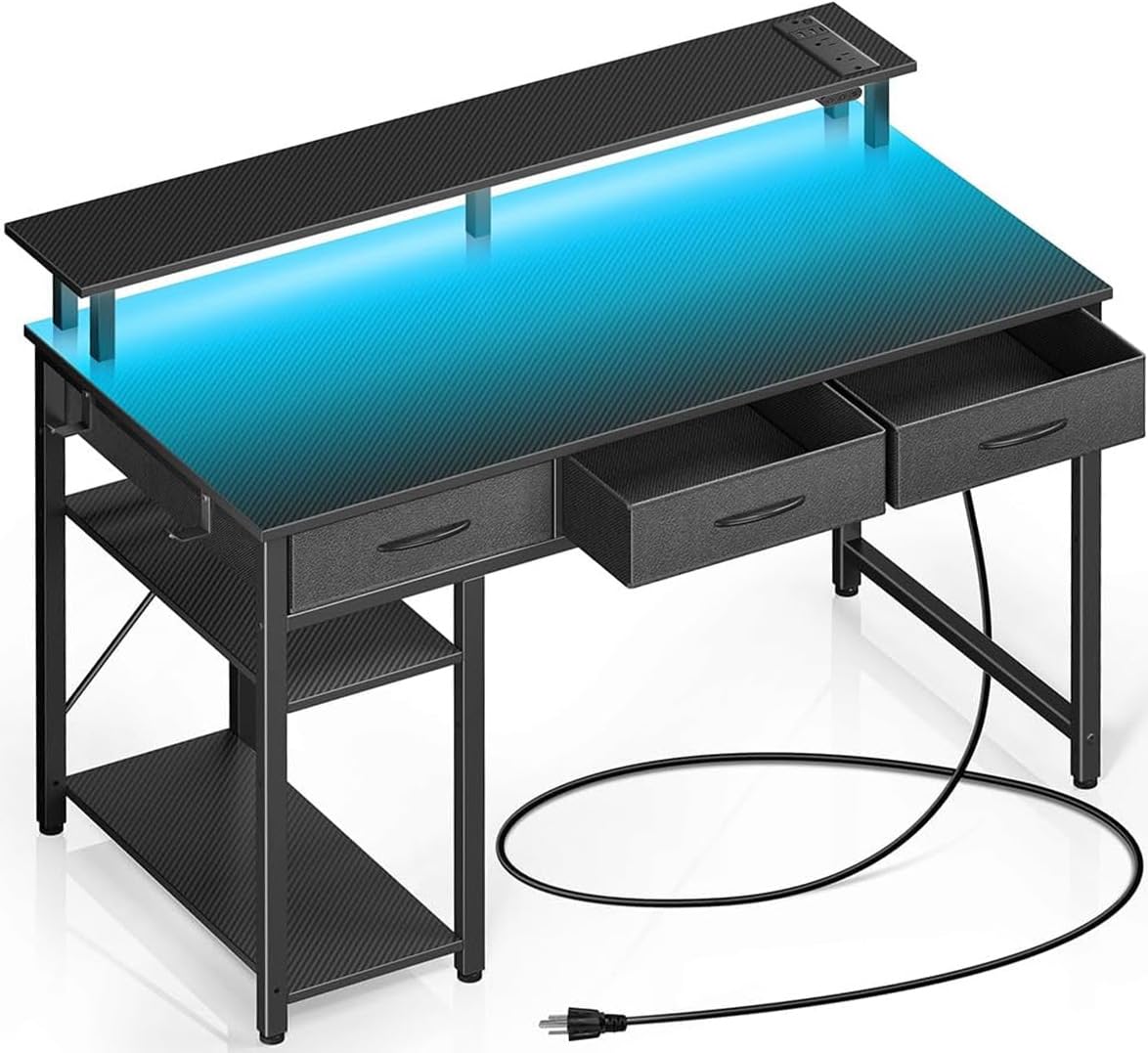 Rolanstar Computer Desk with Power Outlets & LED Light, 39 inch Home Office Desk with 3 Drawers and Storage Shelves, Writing Desk with Monitor Stand, Modern Work Desk for Home Office, Carbon Black
