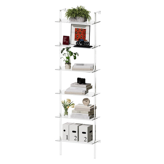 CRTERICX Acrylic Ladder Bookshelf, 6-Tier Clear Wall Mounted Bookshelf with Open Shelves, Multipurpose Bookcase for Living Room, Bathroom, Office, Modern, 11.6" D x 23.4" W x 86" H