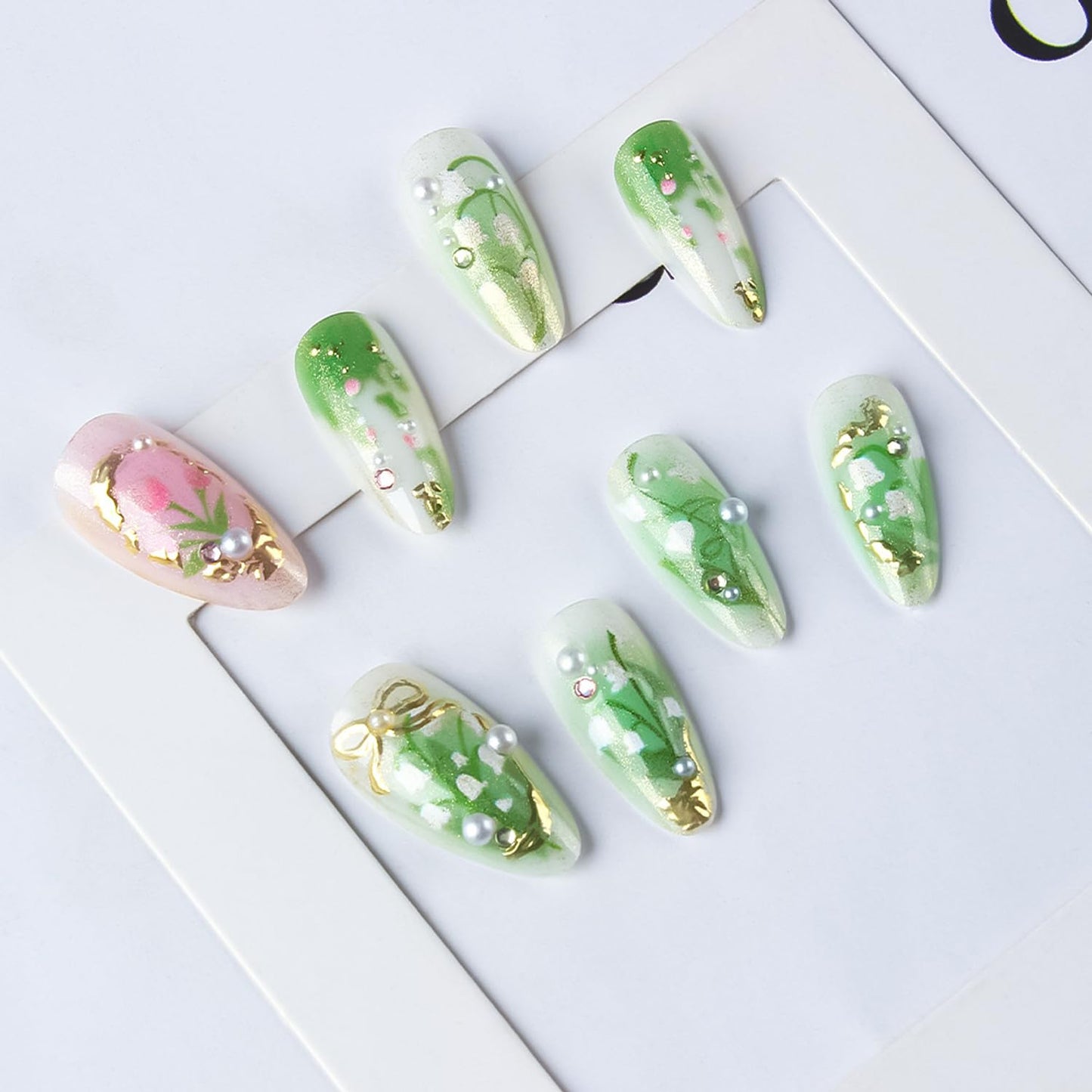 24Pcs Green Press on Nails Medium Almond Fake Nails with 3D Rhinestones Charms Handmade Nail Press ons Gradient Flower Plant Stick on Nails Almond Shape Acrylic Nails Artificial Nails for Daily Wear