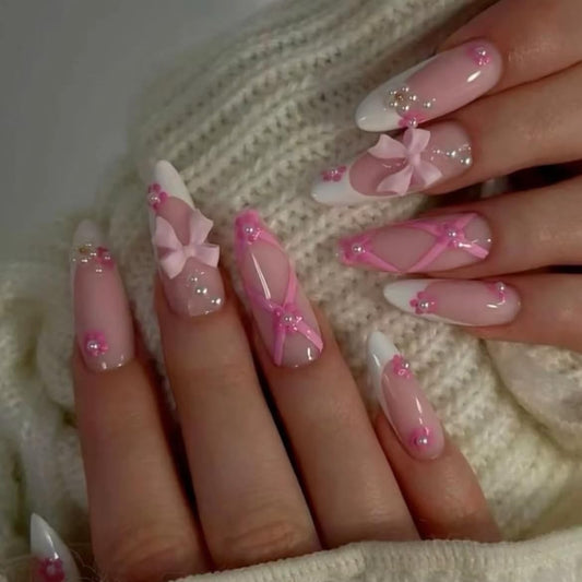 Handmade Almond Press on Nails White French Tips Pink Fake Nails with 3D Flower Bow Charms Acrylic Nails Press ons Cute False Nails Reusable Stick on Nails 10pcs (MT-117, M)