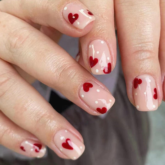 Heart Press on Nails Short Length Red Hearts Fake Nails Valentine's Fake Nails Stick on Nails Heart Full Cover False Nails with Design for Women Girls Valentines Short Acrylic Nails Supply 24Pcs