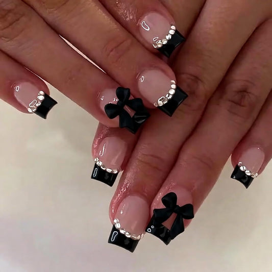 French Tip Press on Nails Short Square Fake Nails with Rhinestone Designs Black French Tip False Nails - Bow Full Cover Glossy Stick on Nails Black Reusable Acrylic Nails for Women