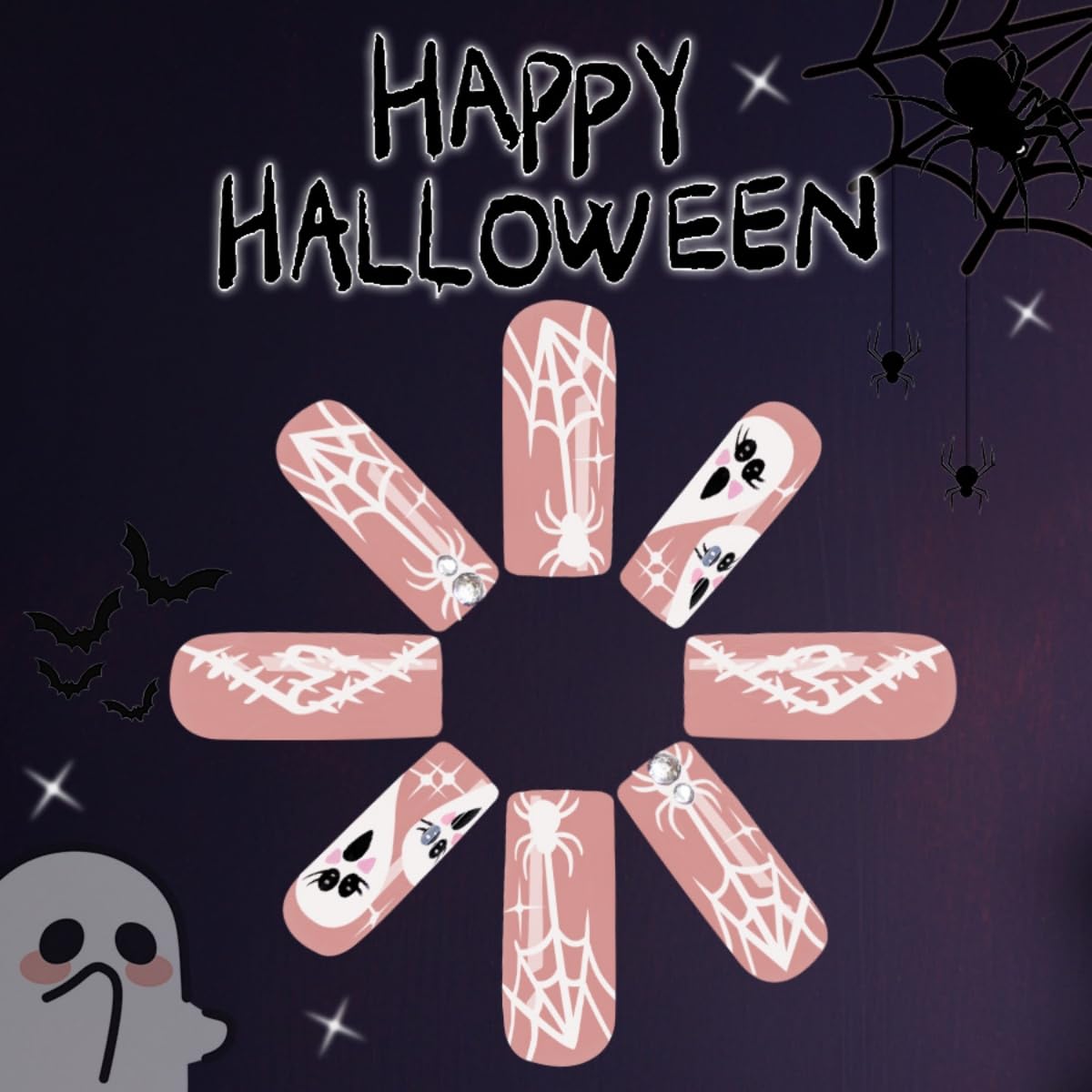 24Pcs Halloween Press on Nails Long Square Fake Nails Spider and Spider Web Ghost Design Stick on Nails Rhinestone False Nails Bling Artificial Full Cover Acrylic Glue on Nail for Women Girl Manicure