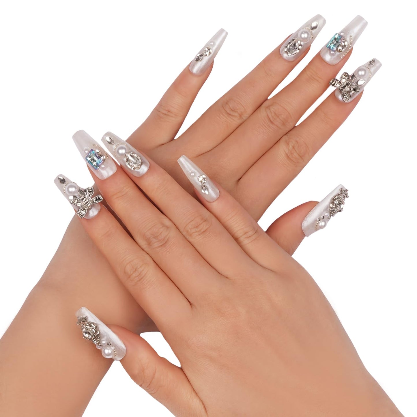 Ballerina Shaped Luxury Press on Nails - White Valentine | Valentine's Day Artificial False Nails Long Coffin, Glossy Fake Nails with 3D Pearls & Sparkling Diamond, Salon Quality Reusable Nails Kit