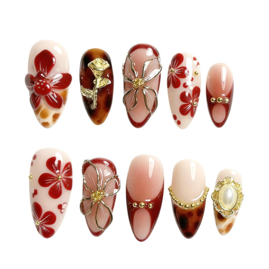 30Pcs Flower Press-On Nail Set Medium Almond Fake Nails with 3D Floral Rose Gold Beads Rhinestones Designs French Tip False Nails Handmade Press on Glue on Nails Gift for Women and Friends