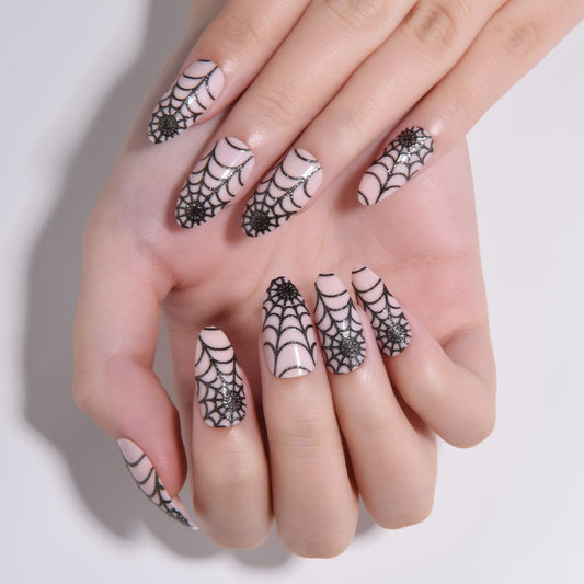 Nude Pink Halloween Press on Nails Short Almond with Cobweb Designs, Short Almond Artificial Fake Nails with Spider Web Design, Perfectly Fit Full Cover Glossy Stick on Ghost Nail for Women Girls